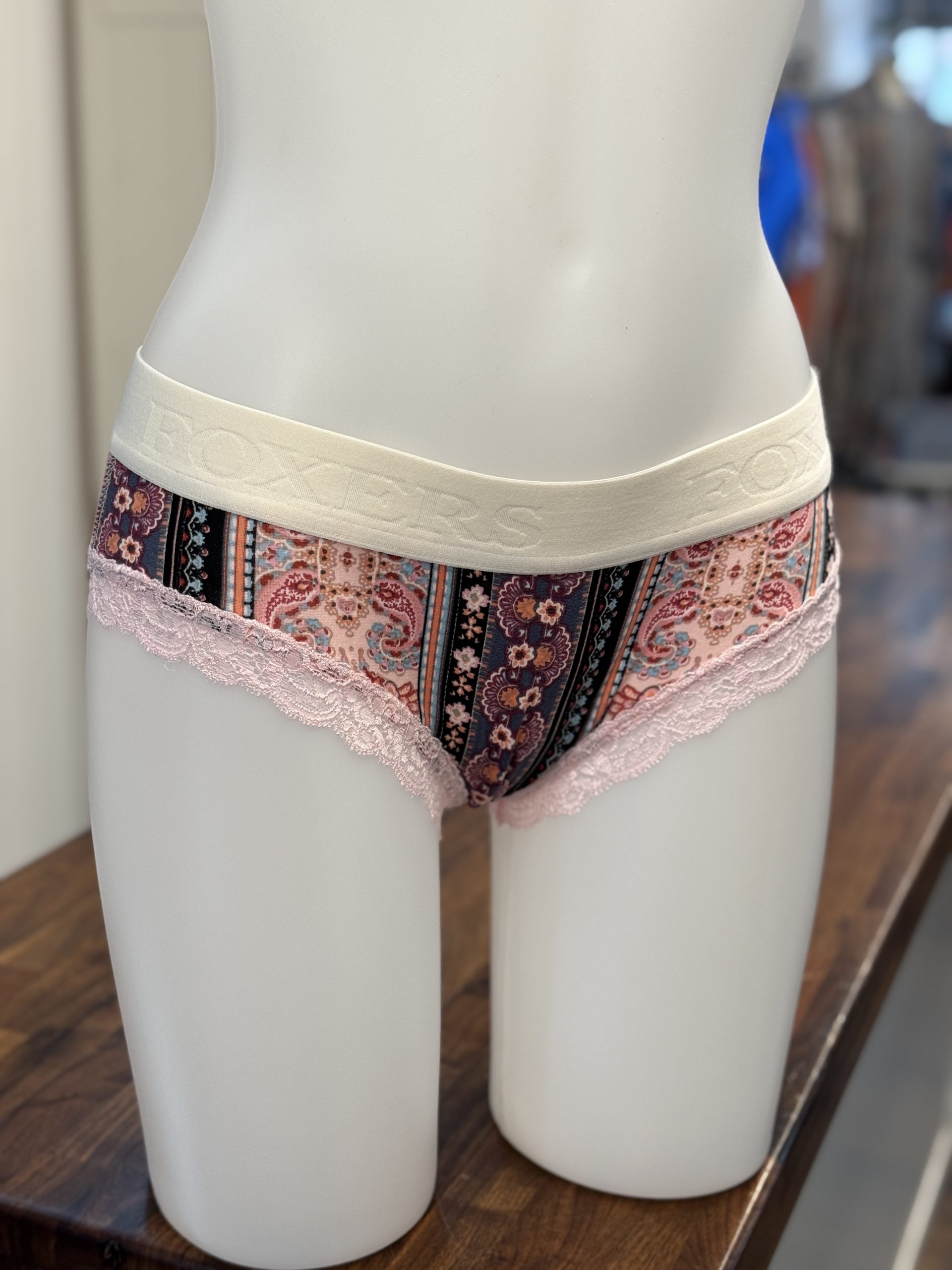 Ivory Logoband over Pink Scroll